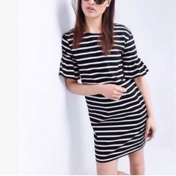 J. Crew Ruffle Bell Sleeve Black and White Striped Shift Dress Size M - Picture 1 of 13